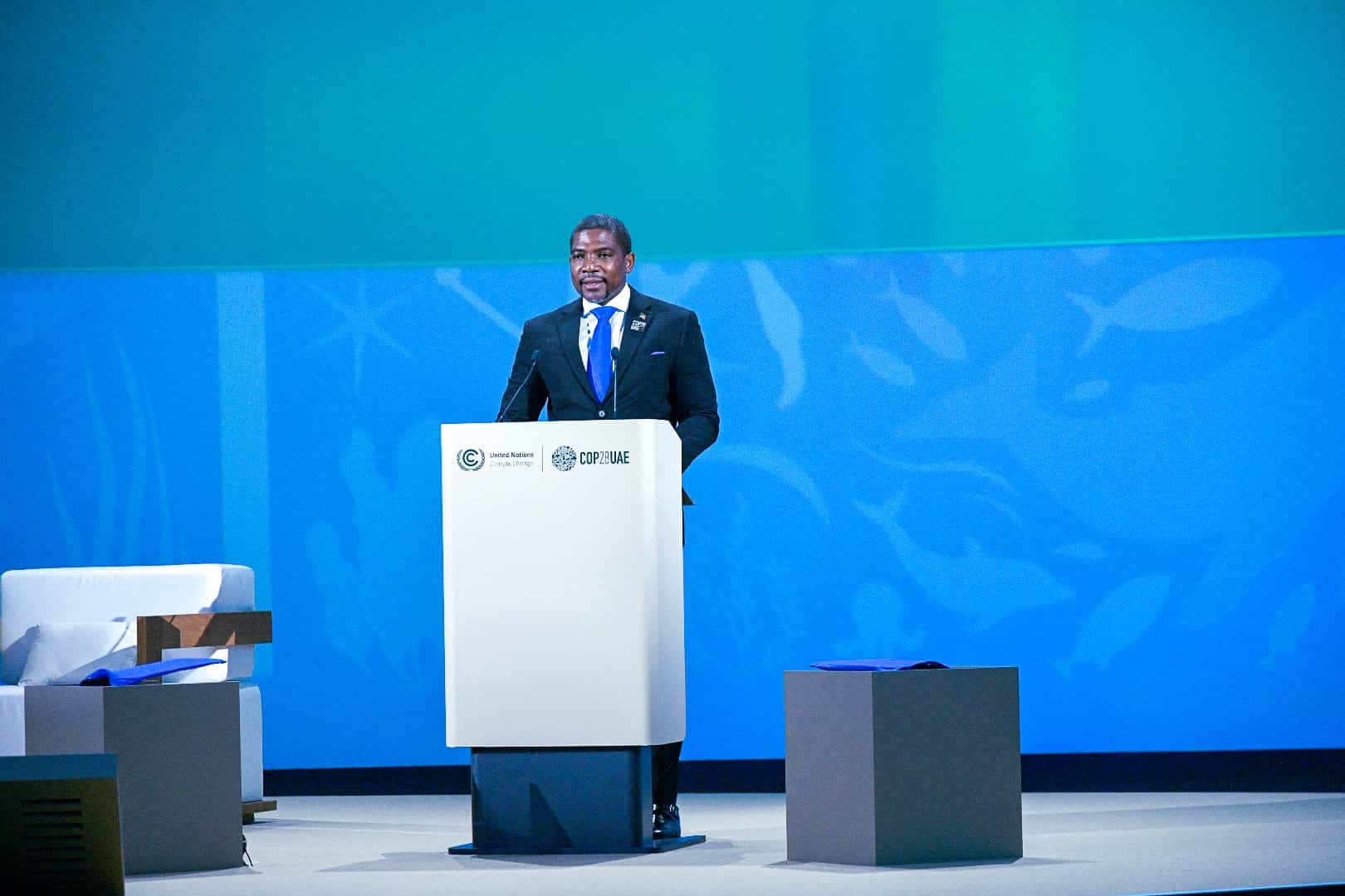 PM Terrance Drew delivering remarks at COP28, Image: Facebook