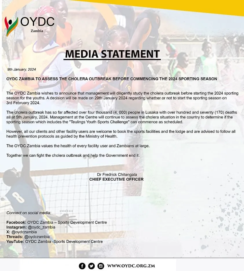 Cholera outbreak pauses OYDC Zambia 2024 sporting season prep