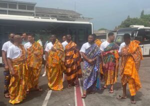 Black Stars Team in traditional outfit Kente drapped over white kaftan 