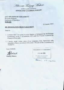 Official resignation letter by Fadzayi Mahere 