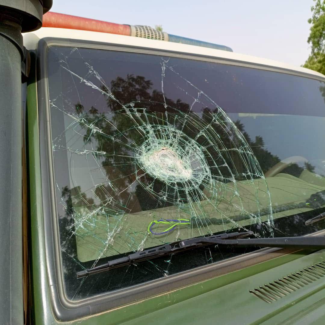 Photograph of the broken windshield of the car during the attack