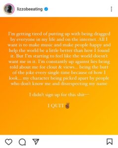 official note by Lizzo on her Instagram handle