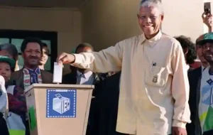 Nelson Mandela while casting his vote at first elections held in South Africa