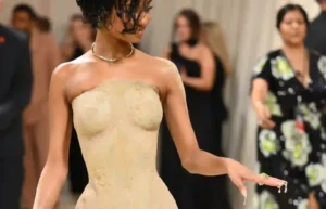 Tyla in her unique Balmain Sand Dress 'Sands of Time' by Olive Rousteing at Met Gala 2024
