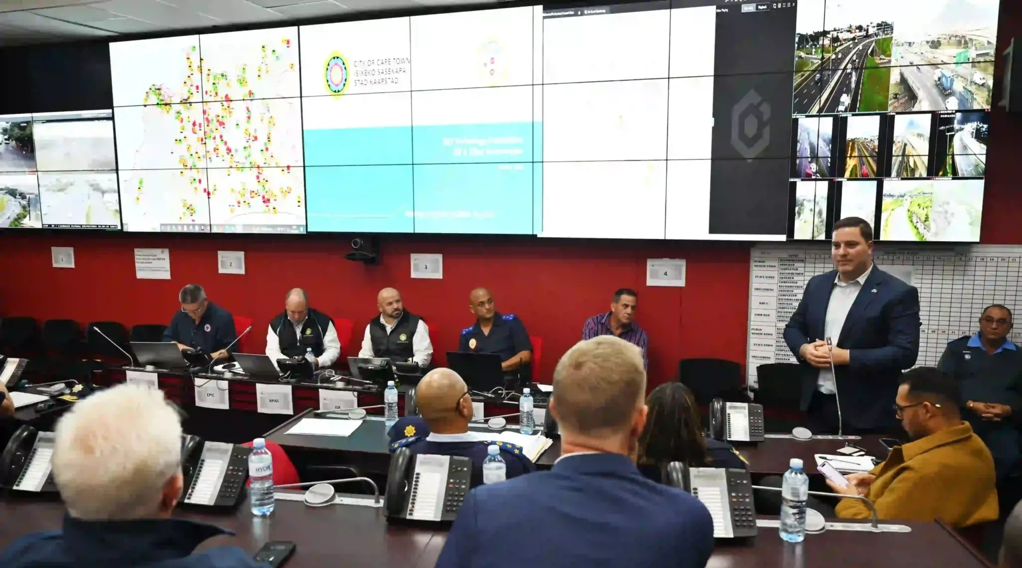 Officials including Mayor Geordin Hill Lewis, Alderman JP Smith and Premier Alan Winde during the meeting of new secret crime fighting weapon 'Eye-in-the-Sky'