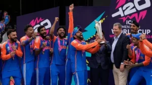 Indian Cricket Team 'Men In Blue' lifting up the ICC T20 World Cup 2024 winning trophy 