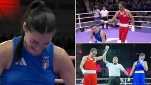 Photograph from boxing bout between Imane Khelif and Angela Carini at Paris Olympics 2024