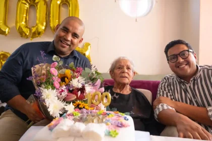 Deputy Mayor Eddie Andrews (left) with Aunt Doris (center) and Zahid Badroodien (right) on 100th birthday celebration in Cape Town