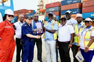 Lamu Port members celebrates arrival of MV HongKong Bridge in Kenya