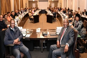 President Cyril Ramaphosa and ministers at ANC National Lekgotla in Boksburg, South Africa