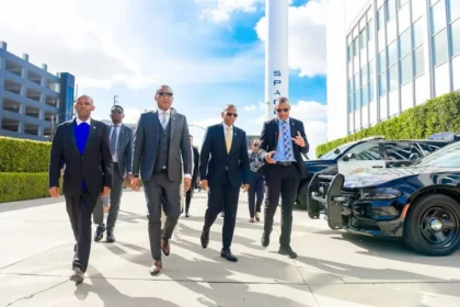 President Duma Boko with Botswana officials at the launch of BOTSAT-1 in California SpaceX centre