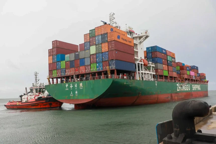 MV Zhong Gu Ri Zhao docks at Lamu Port in Kenya