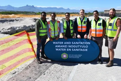 Councillor Zahid Badroodien with city Water and Sanitation team at Zandvliet Treated Effluent Re-use Pump Station construction site in Cape Town