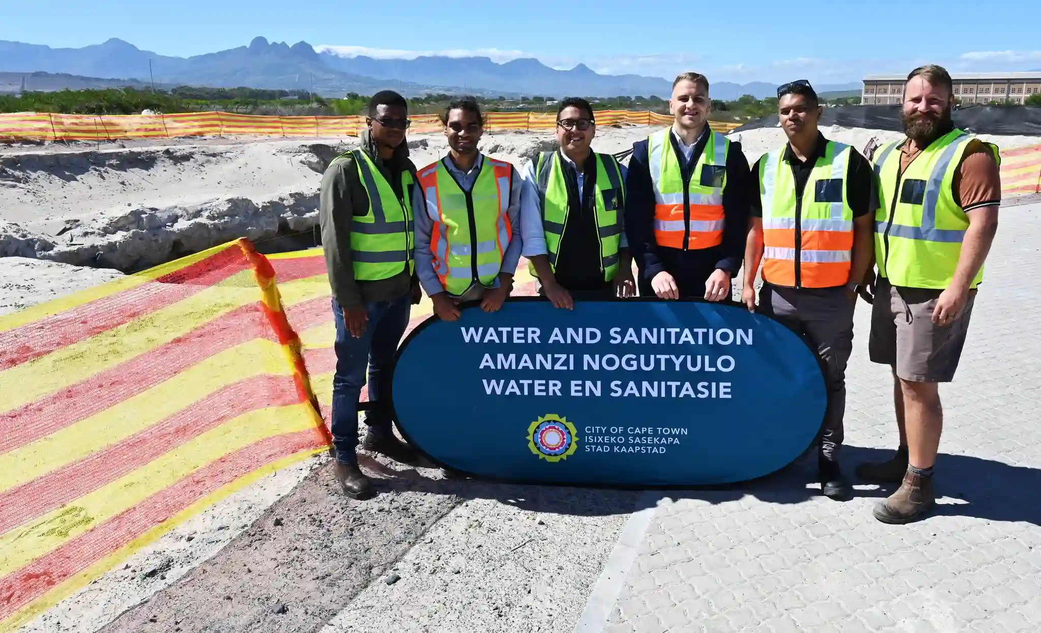 Councillor Zahid Badroodien with city Water and Sanitation team at Zandvliet Treated Effluent Re-use Pump Station construction site in Cape Town