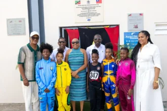 PM Terrance Drew and Samal Duggins with Geoffrey Hanley and Marcella Liburd at relaunch of Kim Collins Athletic Stadium in St. Kitts and Nevis