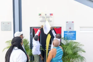 PM Terrance Drew and Samal Duggins with Geoffrey Hanley and Marcella Liburd at relaunch of Kim Collins Athletic Stadium in St. Kitts and Nevis