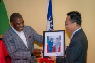 PM Terrance Drew while bidding farewell to Ambassador Michael Lin in St. Kitts and Nevis