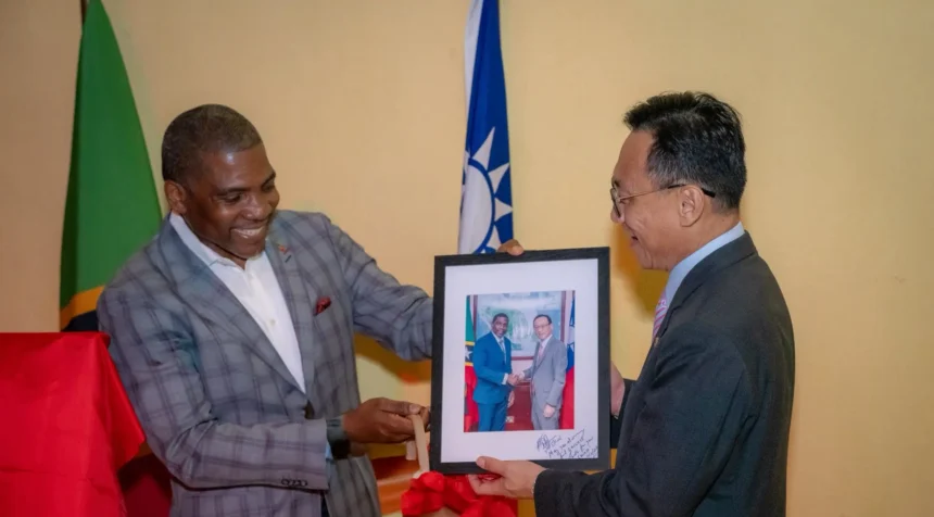 PM Terrance Drew while bidding farewell to Ambassador Michael Lin in St. Kitts and Nevis
