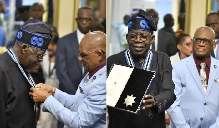 President of Nigeria - Bola Ahmed Tinubu while receiving the highest national honor during state visit in Saint Lucia