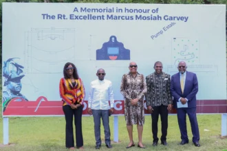 PM Terrance Drew with other leaders during unveiling of historic Marcus Garvey memorial park in St. Kitts and Nevis