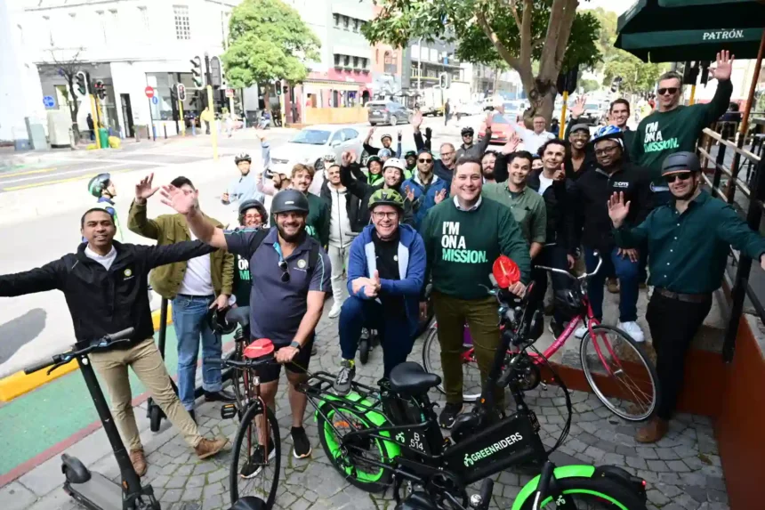 A group of cyclists joined the Mayor and the Young Urbanists at the launch of new Bree Street in Cape Town