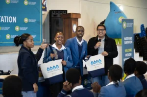 Councillor Zahid Badroodien with Water Mascot - Mzansi during water matter discussion in Cape Town