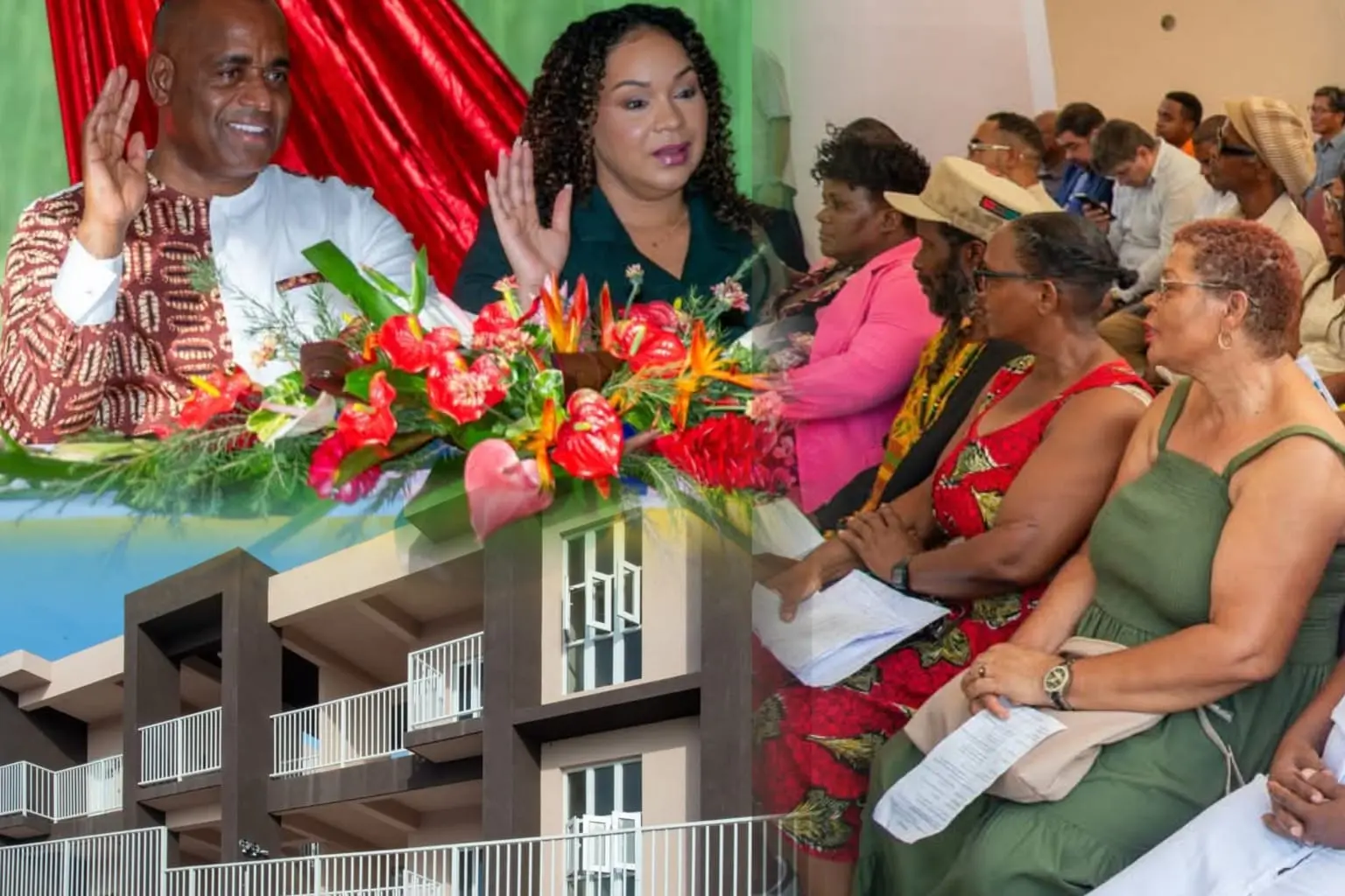PM Roosevelt Skerrit with wife Melissa Skerrit during hand over ceremony of 16 new apartment units in Dominica to Roseau South Families
