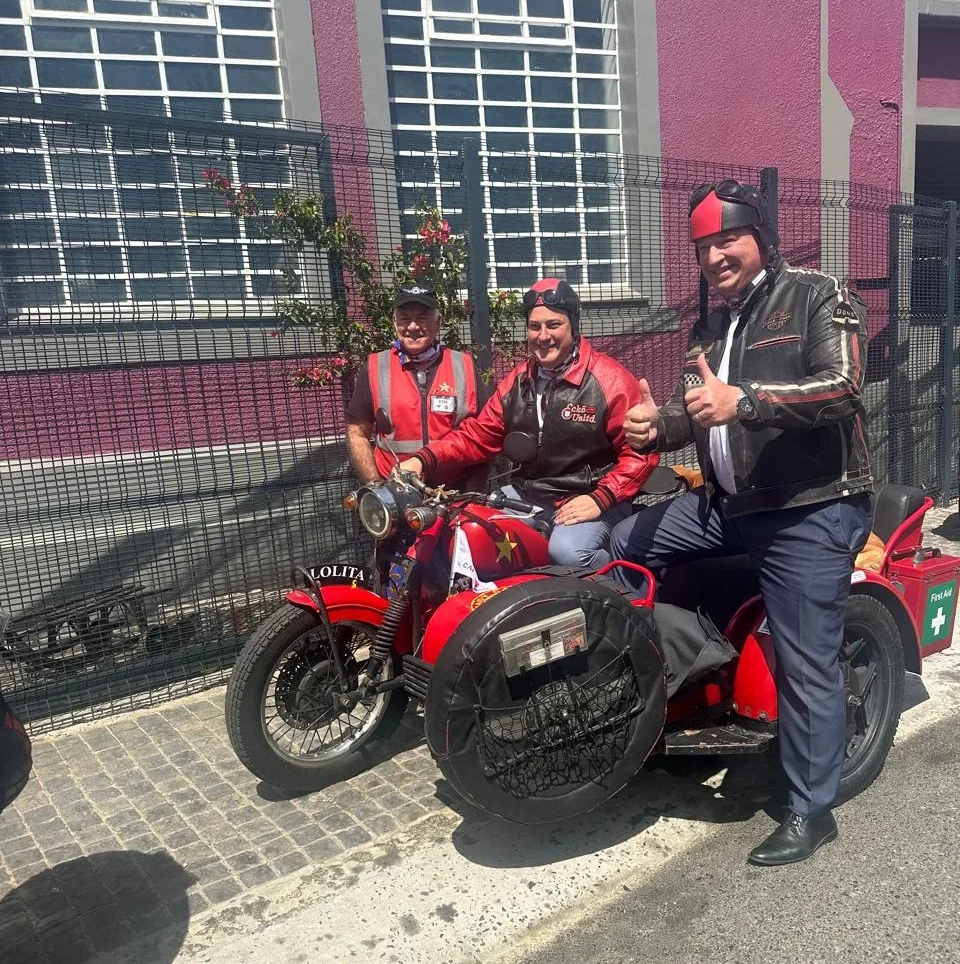 Alderman James Vos with Mayor Geordin Hill-Lewis at Cape Sidecar Adventures in Cape Town