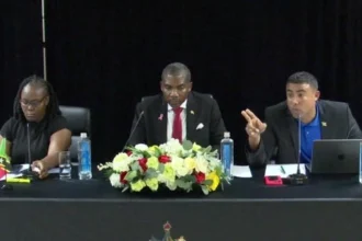 Prime Minister Dr. Terrance Drew with other ministers during Townhall Meeting in St. Kitts and Nevis
