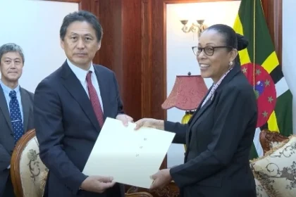 President Sylvanie Burton while receiving letters of credence from Ambassador of Japan to Dominica Yasuke Miyasaki