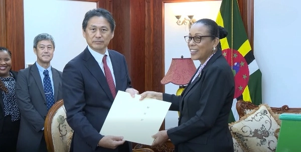 President Sylvanie Burton while receiving letters of credence from Ambassador of Japan to Dominica Yasuke Miyasaki