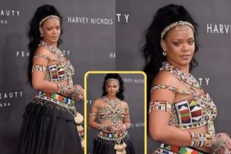 Rihanna in South African traditional Zulu outfit at Fenty Beauty event