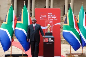 President Cyril Ramaphosa with FIFA World Cup Trophy in South Africa