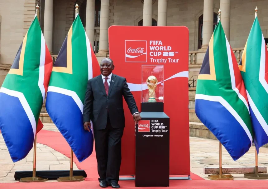 President Cyril Ramaphosa with FIFA World Cup Trophy in South Africa