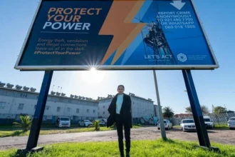 Alderman Xanthea Limberg, MMC for Energy, under the fixed streetlight to Protect Your Power campaign, Cape Town