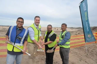 Mayor Geordin Hill Lewis with Cllr Zahid Badroodien at Macassar Wastewater Plant site in Cape Town