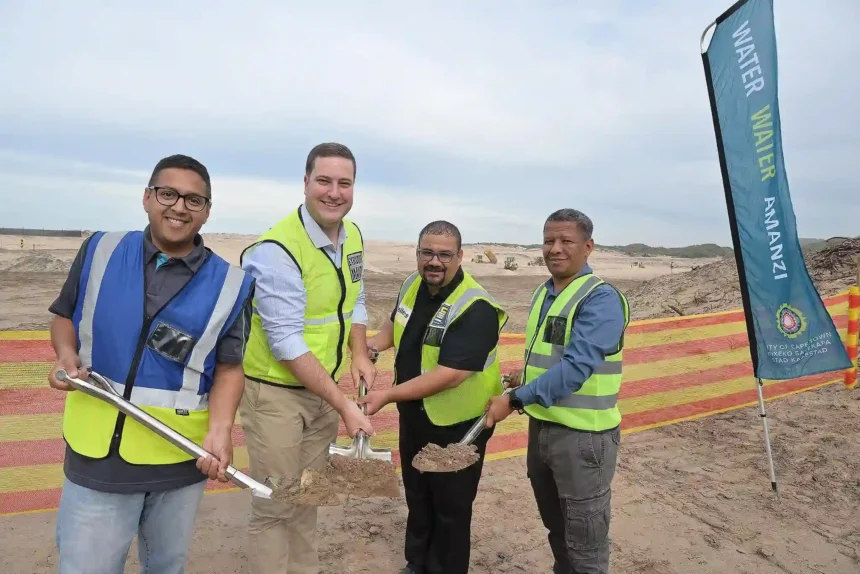 Mayor Geordin Hill Lewis with Cllr Zahid Badroodien at Macassar Wastewater Plant site in Cape Town