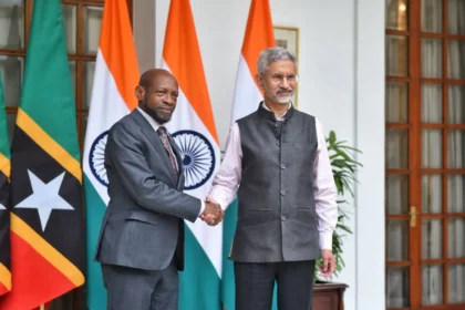 Minister of Foreign Affairs of St. Kitts and Nevis Dr. Denzil Douglas in New Delhi, India with Dr. S. Jaishankar