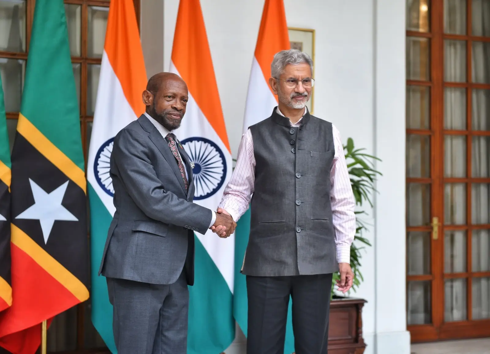 Minister of Foreign Affairs of St. Kitts and Nevis Dr. Denzil Douglas in New Delhi, India with Dr. S. Jaishankar