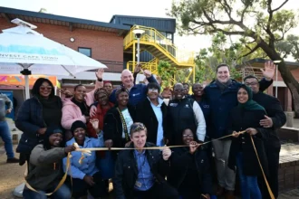 Mayor Geordin Hill-Lewis with Alderman James Vos at the new Masiphumelele Gateway Market in Cape Town