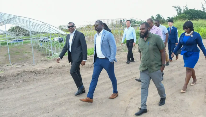 PM Terrance Drew with delegates on tour to Greenhouse Village at Brotherson Estate in Newtown Ground, St. Kitts and Nevis