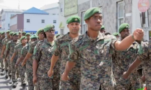 Prime Minister Dr. Terrance Drew during the launch of new Combat Uniform in St. Kitts and Nevis
